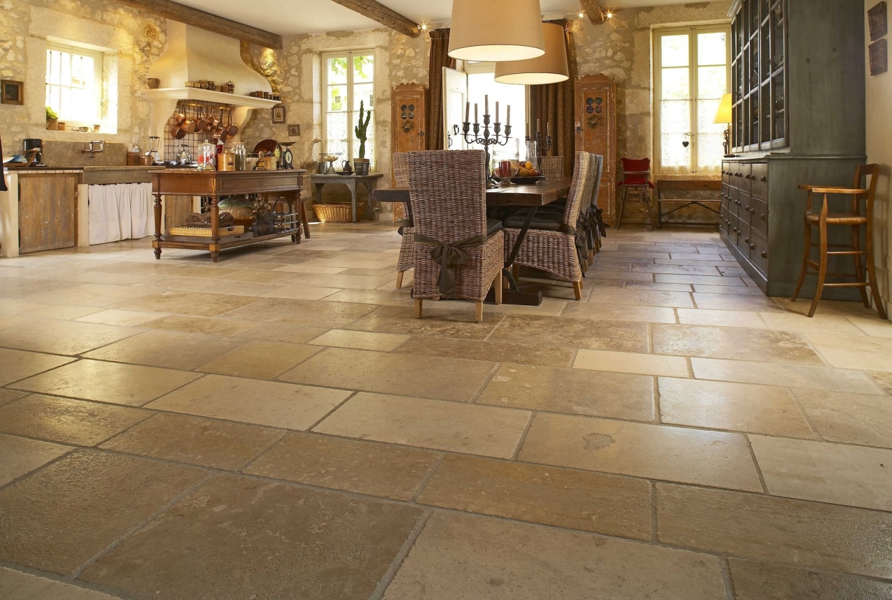 Honed travertine floor installed in a living space